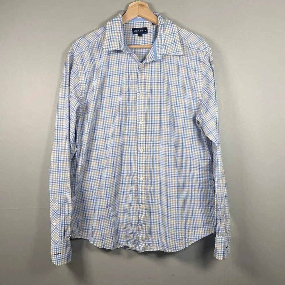 Jack Maverick Soft Blue Plaid Long Sleeve Men’s Dress Shirt Button Size L Large‎